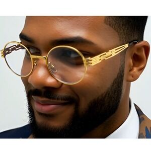 Gold Round Frame Sunglasses Vintage Style Hip Hop Fashion Men Trendy Street Wear
